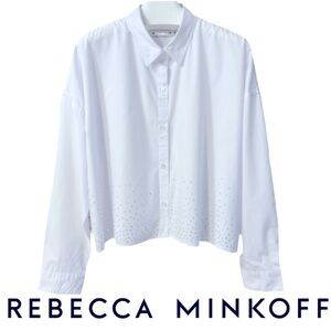 REBECCA MINKOFF | Oversized Cropped Collared Long Sleeve Button Front Shirt Top